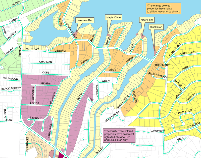 Easement map for Alder Point, Blue Heron, Lakeview Rec, and Maple Circle