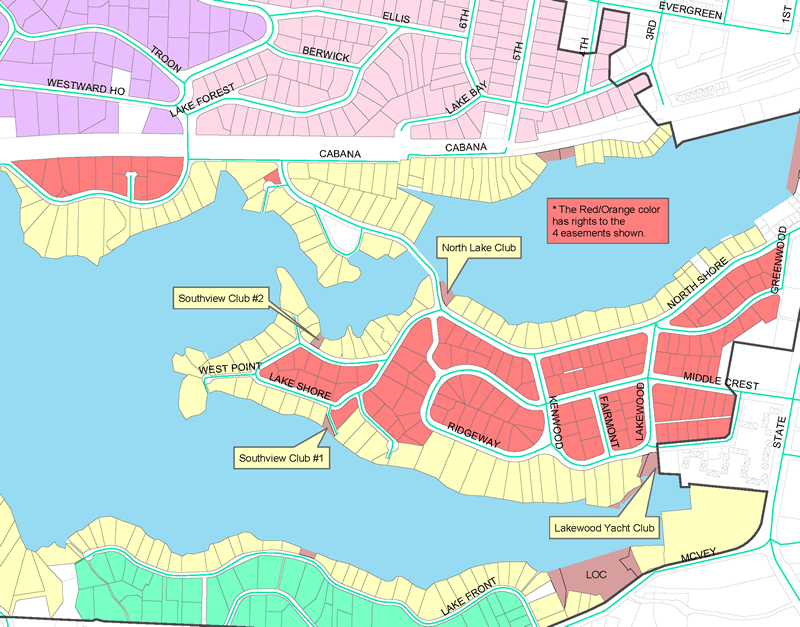 Easement map for Lakeview, North Lake Club, and Southview